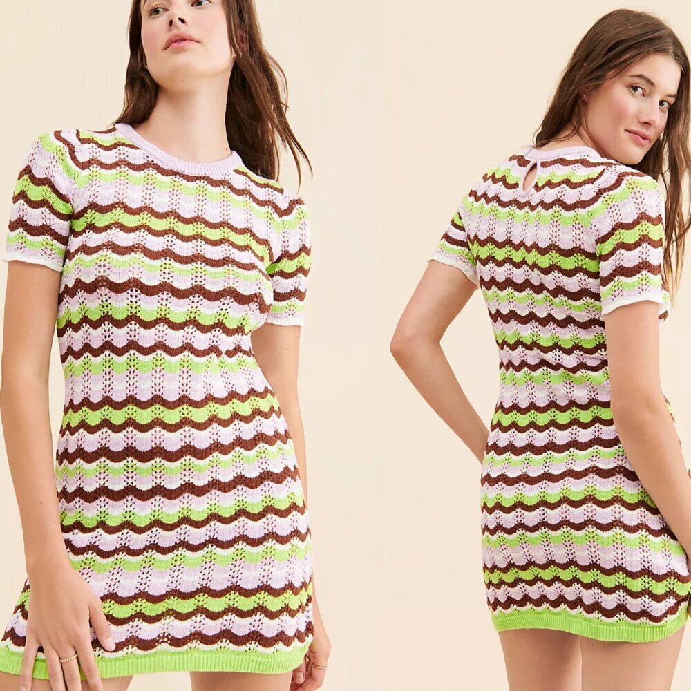 Olivia Rubin Hailey Green Brown Cotton Pointelle Mini Dress 27025